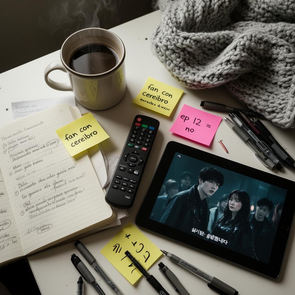 Escritorio editorial con taza de café, manta, cuaderno con notas y tablet mostrando un k-drama